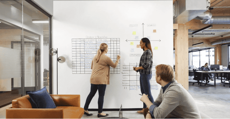 Two women make a presentation in from of another man on a 3M™ Post-It® Flex Write Surface covered wall. 