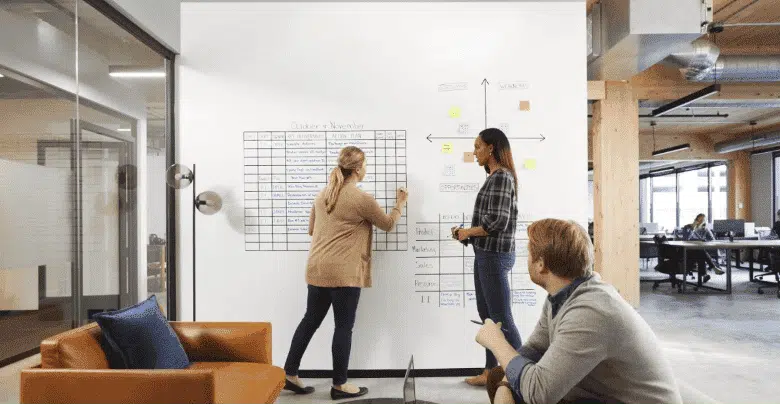 Two women make a presentation in from of another man on a 3M™ Post-It® Flex Write Surface covered wall. 